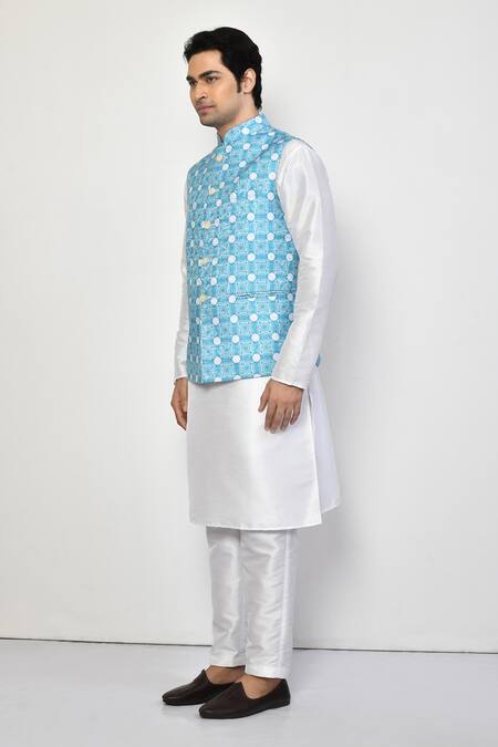 Shop Arihant Rai Sinha Blue Silk, Cotton Embroidery Sleeveless Geometric Mandala Nehru Jacket Online at Aza Fashions Shop_Arihant Rai Sinha_Blue Silk, Cotton Embroidery Sleeveless Geometric Mandala Nehru Jacket _Online_at_Aza_Fashions
