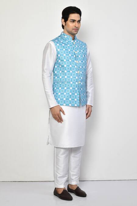 Arihant Rai Sinha Blue Silk, Cotton Embroidery Sleeveless Geometric Mandala Nehru Jacket at Aza Fashions Arihant Rai Sinha_Blue Silk, Cotton Embroidery Sleeveless Geometric Mandala Nehru Jacket _at_Aza_Fashions