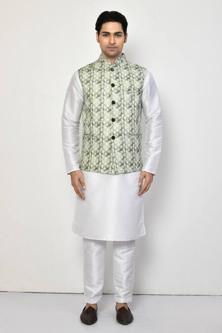 Arihant Rai Sinha Green Linen, Cotton Geometric Butti Nehru Jacket Online at Aza Fashions Arihant Rai Sinha_Green Linen, Cotton Geometric Butti Nehru Jacket _Online_at_Aza_Fashions