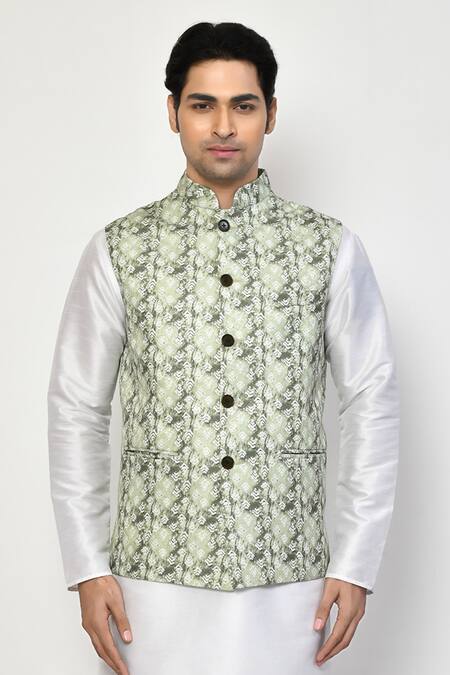Buy Arihant Rai Sinha Green Linen, Cotton Geometric Butti Nehru Jacket Online at Aza Fashions Buy_Arihant Rai Sinha_Green Linen, Cotton Geometric Butti Nehru Jacket _Online_at_Aza_Fashions