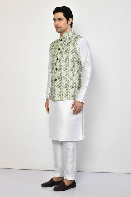Shop Arihant Rai Sinha Green Linen, Cotton Geometric Butti Nehru Jacket Online at Aza Fashions Shop_Arihant Rai Sinha_Green Linen, Cotton Geometric Butti Nehru Jacket _Online_at_Aza_Fashions