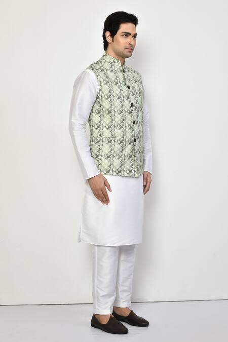 Arihant Rai Sinha Green Linen, Cotton Geometric Butti Nehru Jacket at Aza Fashions Arihant Rai Sinha_Green Linen, Cotton Geometric Butti Nehru Jacket _at_Aza_Fashions