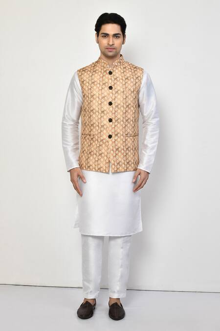 Arihant Rai Sinha Yellow Cotton Sleeveless Geometric Butti Nehru Jacket Online at Aza Fashions Arihant Rai Sinha_Yellow Cotton Sleeveless Geometric Butti Nehru Jacket_Online_at_Aza_Fashions