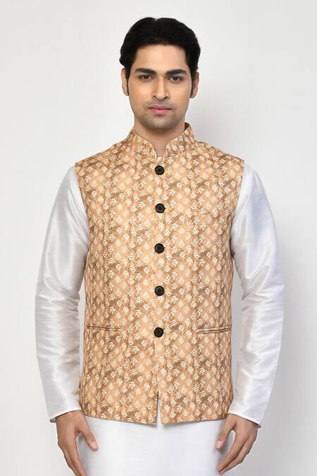 Buy Arihant Rai Sinha Yellow Cotton Sleeveless Geometric Butti Nehru Jacket Online at Aza Fashions Buy_Arihant Rai Sinha_Yellow Cotton Sleeveless Geometric Butti Nehru Jacket_Online_at_Aza_Fashions