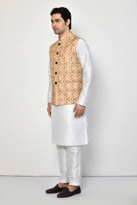 Shop Arihant Rai Sinha Yellow Cotton Sleeveless Geometric Butti Nehru Jacket Online at Aza Fashions Shop_Arihant Rai Sinha_Yellow Cotton Sleeveless Geometric Butti Nehru Jacket_Online_at_Aza_Fashions