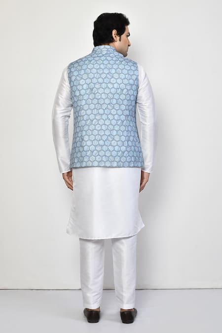 Shop Arihant Rai Sinha Blue Silk, Cotton Hexagon Pattern Nehru Jacket at Aza Fashions Shop_Arihant Rai Sinha_Blue Silk, Cotton Hexagon Pattern Nehru Jacket _at_Aza_Fashions