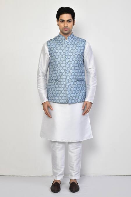 Arihant Rai Sinha Blue Silk, Cotton Hexagon Pattern Nehru Jacket Online at Aza Fashions Arihant Rai Sinha_Blue Silk, Cotton Hexagon Pattern Nehru Jacket _Online_at_Aza_Fashions
