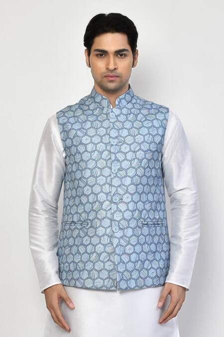 Buy Arihant Rai Sinha Blue Silk, Cotton Hexagon Pattern Nehru Jacket Online at Aza Fashions Buy_Arihant Rai Sinha_Blue Silk, Cotton Hexagon Pattern Nehru Jacket _Online_at_Aza_Fashions