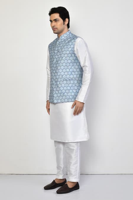 Shop Arihant Rai Sinha Blue Silk, Cotton Hexagon Pattern Nehru Jacket Online at Aza Fashions Shop_Arihant Rai Sinha_Blue Silk, Cotton Hexagon Pattern Nehru Jacket _Online_at_Aza_Fashions