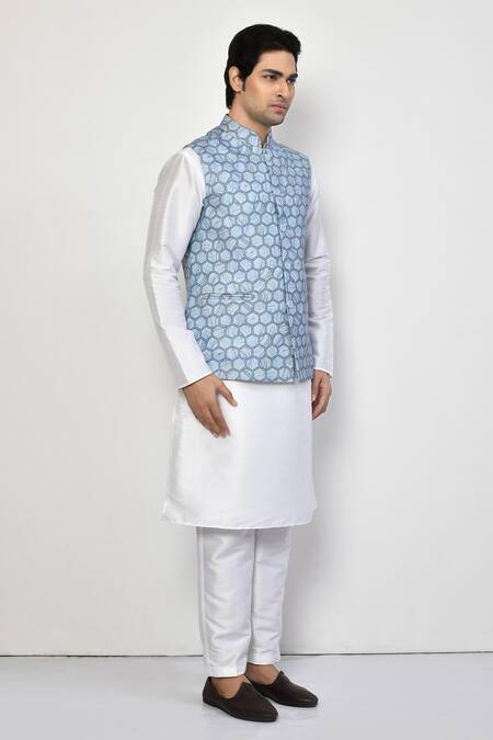 Arihant Rai Sinha Blue Silk, Cotton Hexagon Pattern Nehru Jacket at Aza Fashions Arihant Rai Sinha_Blue Silk, Cotton Hexagon Pattern Nehru Jacket _at_Aza_Fashions