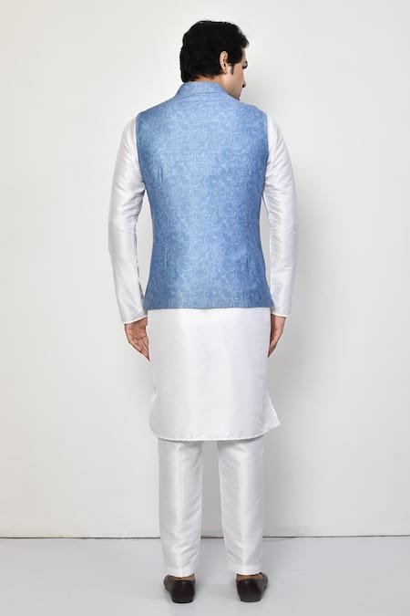 Shop Arihant Rai Sinha Blue Satin, Cotton Embroidery Flower Vine Nehru Jacket at Aza Fashions Shop_Arihant Rai Sinha_Blue Satin, Cotton Embroidery Flower Vine Nehru Jacket_at_Aza_Fashions