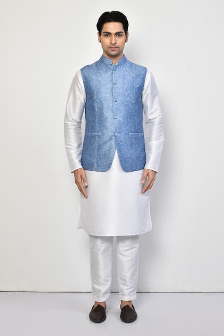 Arihant Rai Sinha Blue Satin, Cotton Embroidery Flower Vine Nehru Jacket Online at Aza Fashions Arihant Rai Sinha_Blue Satin, Cotton Embroidery Flower Vine Nehru Jacket_Online_at_Aza_Fashions