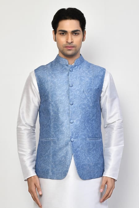 Buy Arihant Rai Sinha Blue Satin, Cotton Embroidery Flower Vine Nehru Jacket Online at Aza Fashions Buy_Arihant Rai Sinha_Blue Satin, Cotton Embroidery Flower Vine Nehru Jacket_Online_at_Aza_Fashions