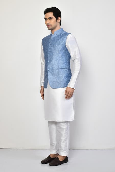 Shop Arihant Rai Sinha Blue Satin, Cotton Embroidery Flower Vine Nehru Jacket Online at Aza Fashions Shop_Arihant Rai Sinha_Blue Satin, Cotton Embroidery Flower Vine Nehru Jacket_Online_at_Aza_Fashions