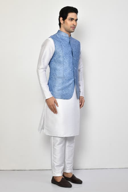 Arihant Rai Sinha Blue Satin, Cotton Embroidery Flower Vine Nehru Jacket at Aza Fashions Arihant Rai Sinha_Blue Satin, Cotton Embroidery Flower Vine Nehru Jacket_at_Aza_Fashions