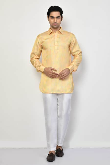 Arihant Rai Sinha Yellow Satin Self Design Diamond Abstract Pattern Short Kurta 