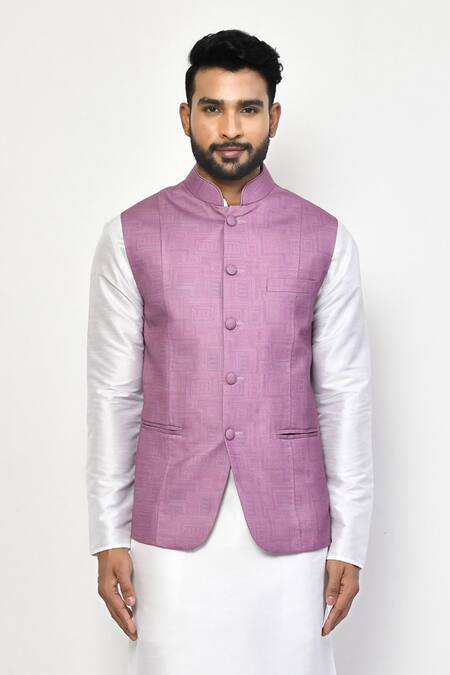 Buy_Arihant Rai Sinha_Purple Cotton Geometric Pattern Sleeveless Nehru Jacket_Online_at_Aza_Fashions