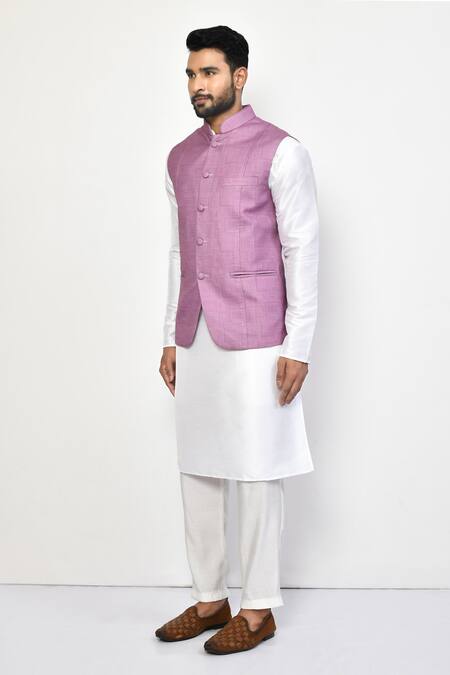 Shop_Arihant Rai Sinha_Purple Cotton Geometric Pattern Sleeveless Nehru Jacket_Online_at_Aza_Fashions