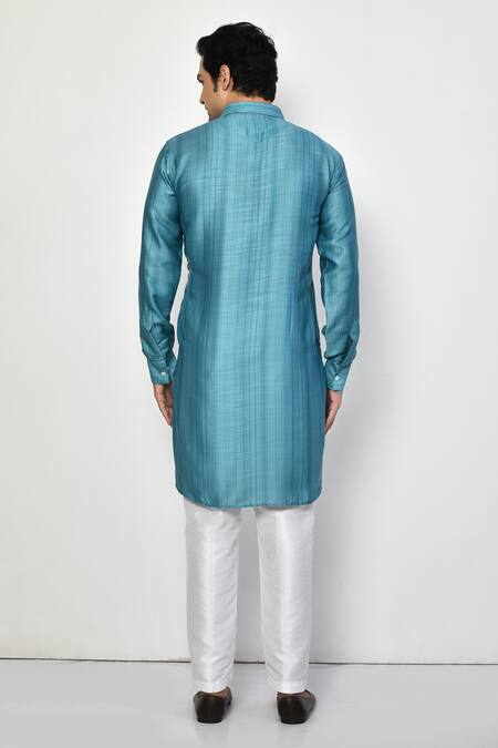 Shop_Arihant Rai Sinha_Blue Satin, Cotton Collared Long Kurta _at_Aza_Fashions