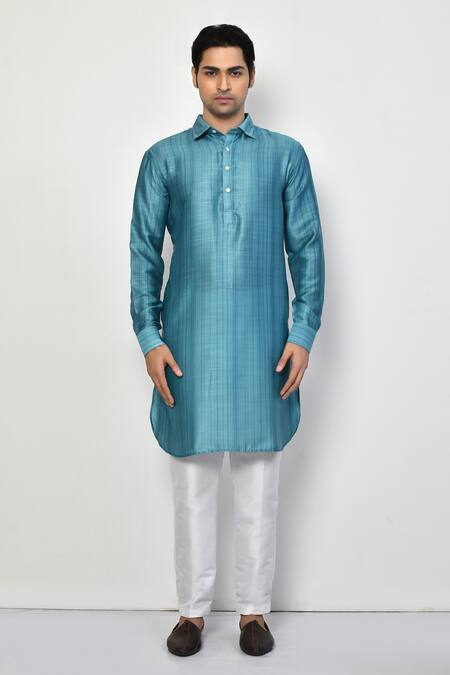 Arihant Rai Sinha_Blue Satin, Cotton Collared Long Kurta _Online_at_Aza_Fashions