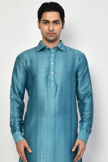 Buy_Arihant Rai Sinha_Blue Satin, Cotton Collared Long Kurta _Online_at_Aza_Fashions