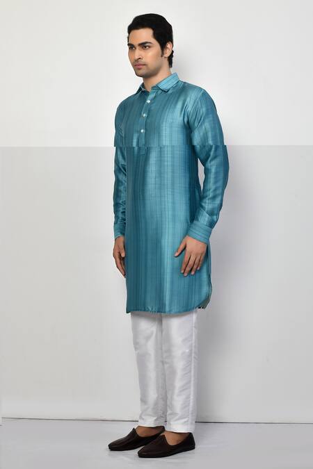 Shop_Arihant Rai Sinha_Blue Satin, Cotton Collared Long Kurta _Online_at_Aza_Fashions
