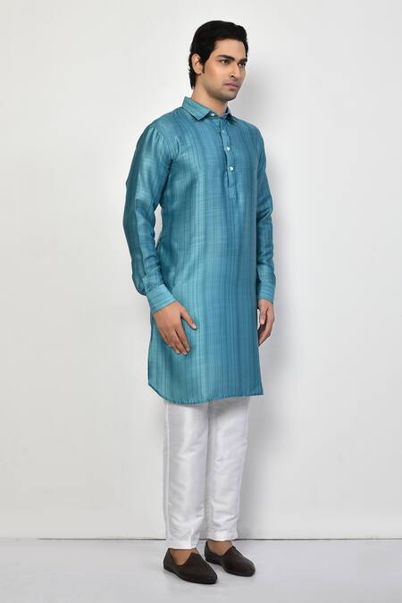 Arihant Rai Sinha_Blue Satin, Cotton Collared Long Kurta _at_Aza_Fashions