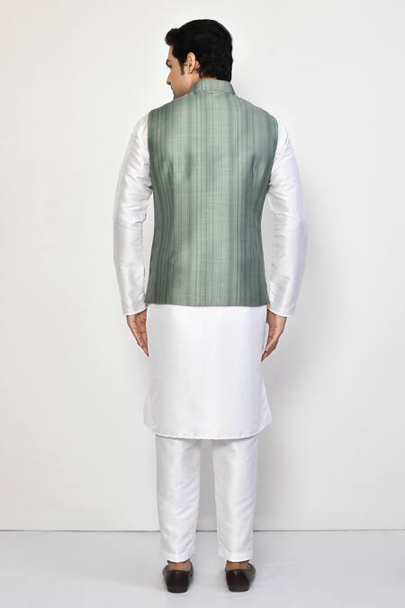 Shop_Arihant Rai Sinha_Green Linen, Cotton Striped Nehru Jacket_at_Aza_Fashions