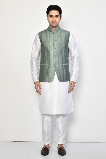 Arihant Rai Sinha_Green Linen, Cotton Striped Nehru Jacket_Online_at_Aza_Fashions