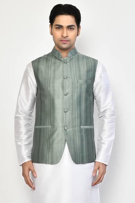 Buy Arihant Rai Sinha Green Linen, Cotton Striped Nehru Jacket Online at Aza Fashions Buy_Arihant Rai Sinha_Green Linen, Cotton Striped Nehru Jacket_Online_at_Aza_Fashions
