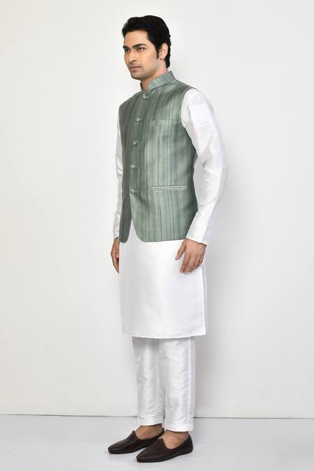 Shop_Arihant Rai Sinha_Green Linen, Cotton Striped Nehru Jacket_Online_at_Aza_Fashions