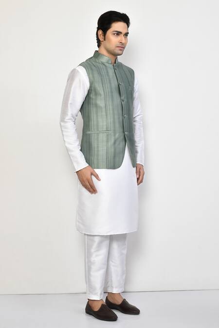 Arihant Rai Sinha_Green Linen, Cotton Striped Nehru Jacket_at_Aza_Fashions