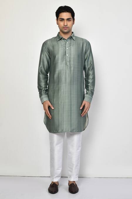 Arihant Rai Sinha_Green Satin, Cotton Stripe Pattern Long Kurta_Online_at_Aza_Fashions