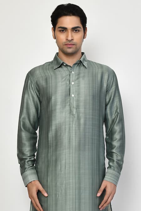 Buy Arihant Rai Sinha Green Satin, Cotton Stripe Pattern Long Kurta Online at Aza Fashions Buy_Arihant Rai Sinha_Green Satin, Cotton Stripe Pattern Long Kurta_Online_at_Aza_Fashions