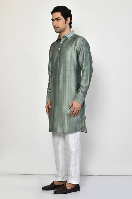 Shop Arihant Rai Sinha Green Satin, Cotton Stripe Pattern Long Kurta Online at Aza Fashions Shop_Arihant Rai Sinha_Green Satin, Cotton Stripe Pattern Long Kurta_Online_at_Aza_Fashions