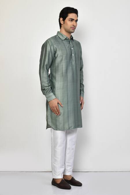 Arihant Rai Sinha_Green Satin, Cotton Stripe Pattern Long Kurta_at_Aza_Fashions