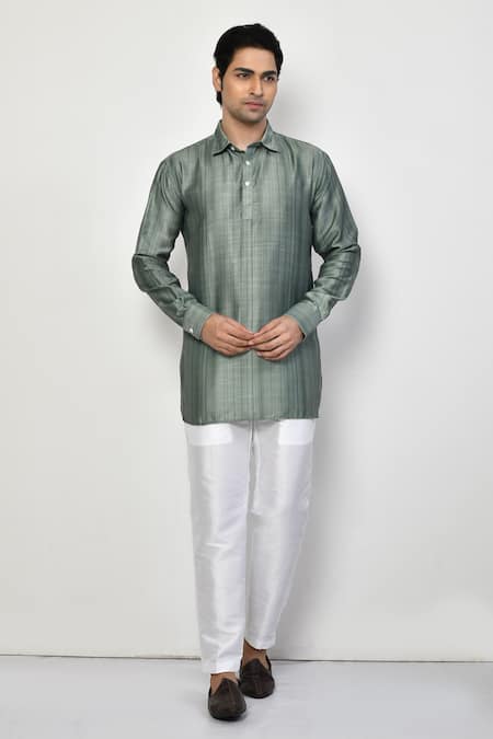 Arihant Rai Sinha Green Linen Self Design Striped Pattern Short Kurta 