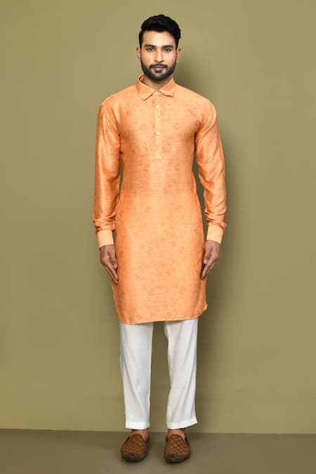 Arihant Rai Sinha_Orange Satin, Cotton Embroidery Floral Jaal Pattern Kurta_Online_at_Aza_Fashions