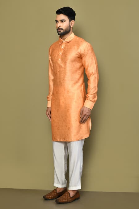 Shop_Arihant Rai Sinha_Orange Satin, Cotton Embroidery Floral Jaal Pattern Kurta_Online_at_Aza_Fashions