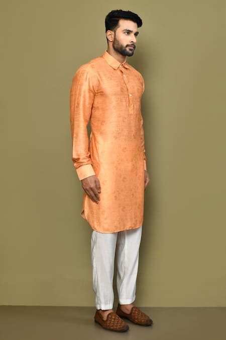 Arihant Rai Sinha_Orange Satin, Cotton Embroidery Floral Jaal Pattern Kurta_at_Aza_Fashions