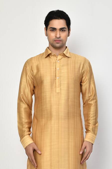 Buy_Arihant Rai Sinha_Yellow Silk, Cotton Solid Textured Kurta_Online_at_Aza_Fashions