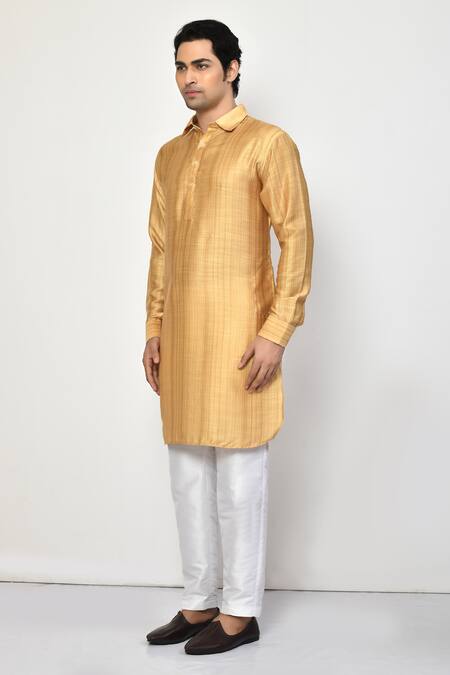 Shop_Arihant Rai Sinha_Yellow Silk, Cotton Solid Textured Kurta_Online_at_Aza_Fashions