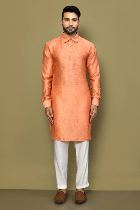 Arihant Rai Sinha_Orange Silk, Cotton Embroidery Jaal Pattern Kurta _Online_at_Aza_Fashions