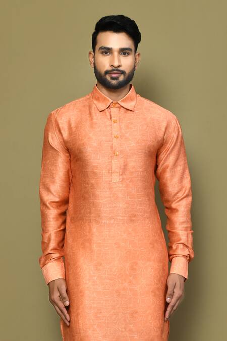 Buy_Arihant Rai Sinha_Orange Silk, Cotton Embroidery Jaal Pattern Kurta _Online_at_Aza_Fashions