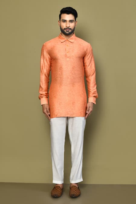 Arihant Rai Sinha_Orange Satin, Cotton Embroidery Jaal Pattern Short Kurta _Online_at_Aza_Fashions