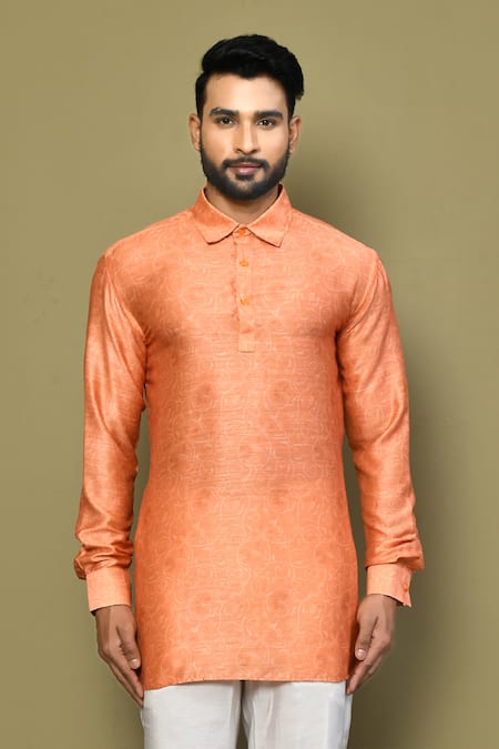 Buy Arihant Rai Sinha Orange Satin, Cotton Embroidery Jaal Pattern Short Kurta Online at Aza Fashions Buy_Arihant Rai Sinha_Orange Satin, Cotton Embroidery Jaal Pattern Short Kurta _Online_at_Aza_Fashions