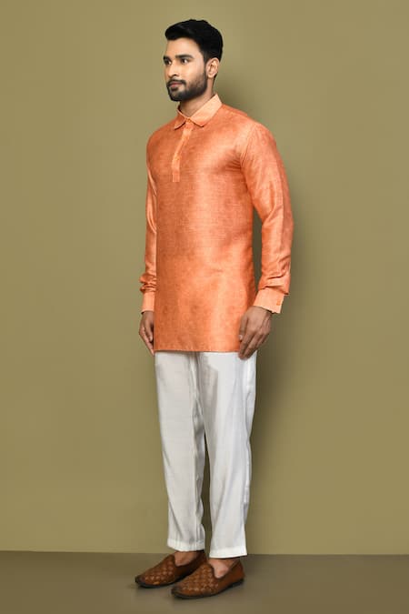 Shop_Arihant Rai Sinha_Orange Satin, Cotton Embroidery Jaal Pattern Short Kurta _Online_at_Aza_Fashions