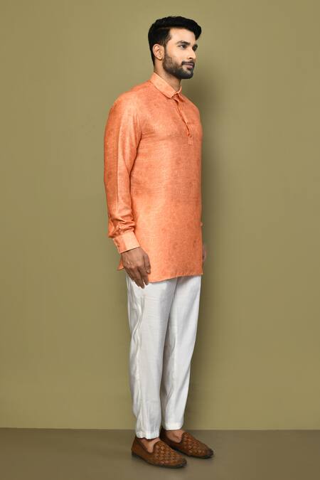 Arihant Rai Sinha_Orange Satin, Cotton Embroidery Jaal Pattern Short Kurta _at_Aza_Fashions