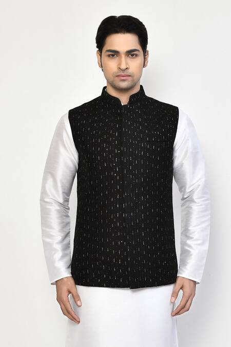 Arihant Rai Sinha Black Silk, Cotton Sequins Embellished Bundi Online at Aza Fashions Arihant Rai Sinha_Black Silk, Cotton Sequins Embellished Bundi _Online_at_Aza_Fashions