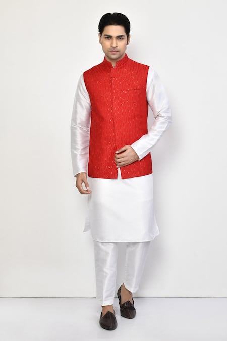Arihant Rai Sinha Red Silk, Cotton Sequins Embellished Bundi